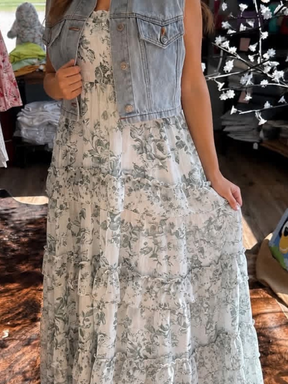 Altar'd State White Maxi Dress with Sage Floral Print Tiered Skirt